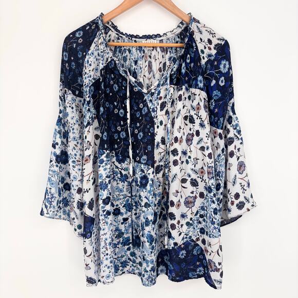 Spense Blue White Floral Tie Neck Wide Sleeve Blouse Size L - Picture 3 of 7